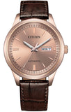 Citizen Rose Gold Tone Stainless Steel Leather Strap Men's Watch NY4062-04X