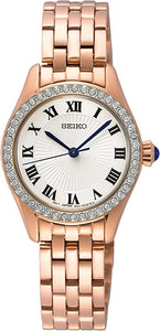 Seiko Classic White Dial Rose Gold Steel Crystal Bezel Ladies Watch SUR338P1