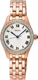 Seiko Classic White Dial Rose Gold Steel Crystal Bezel Ladies Watch SUR338P1